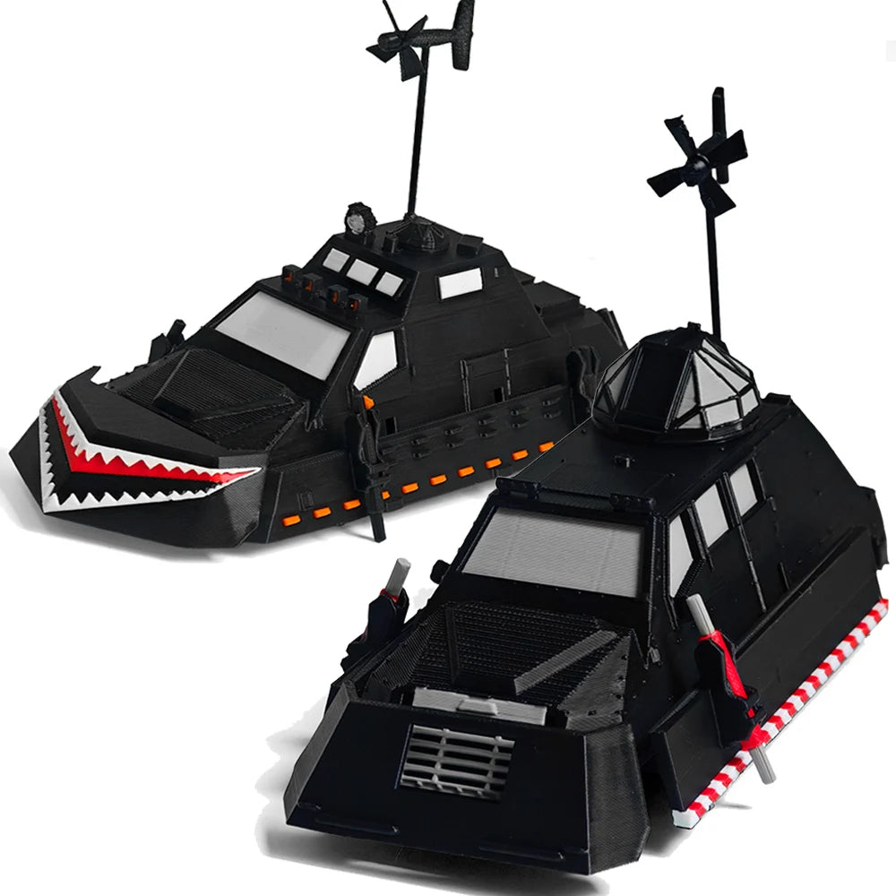 A black armored car model resembling a Storm Chaser Tornado Interceptor with rotating propellers.