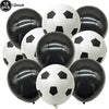 A pack of ten black and white soccer ball balloons for party decorations.
