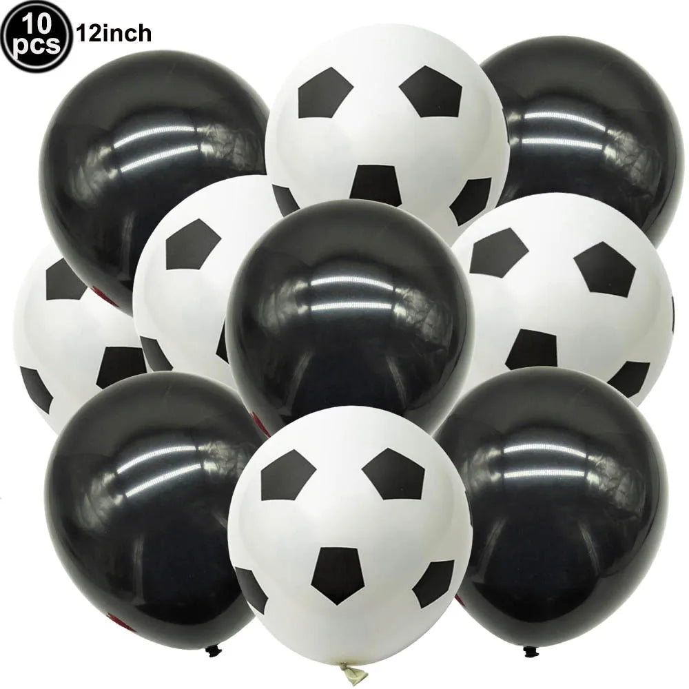 A pack of ten black and white soccer ball balloons for party decorations.