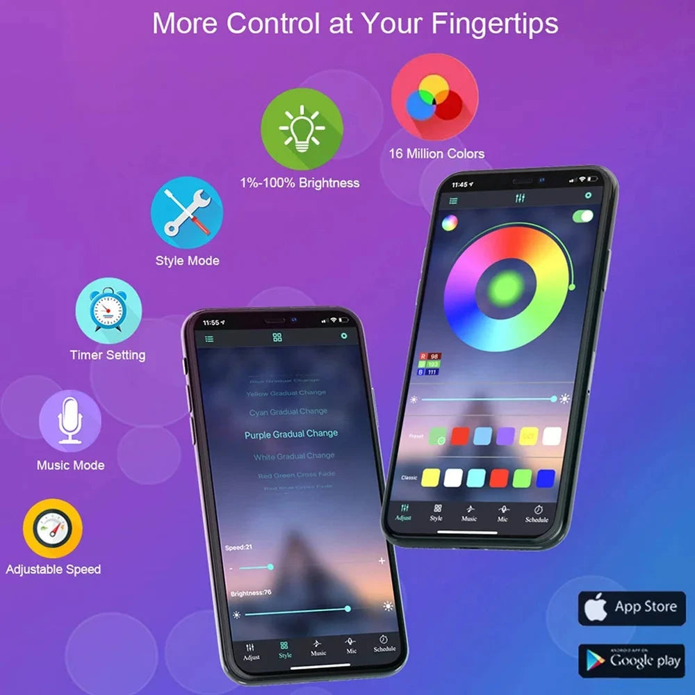 شاشة هاتف تعرض واجهة لتطبيق للتحكم بإضاءات شرائط LED ذكية، تبرز ميزات مثل السطوع