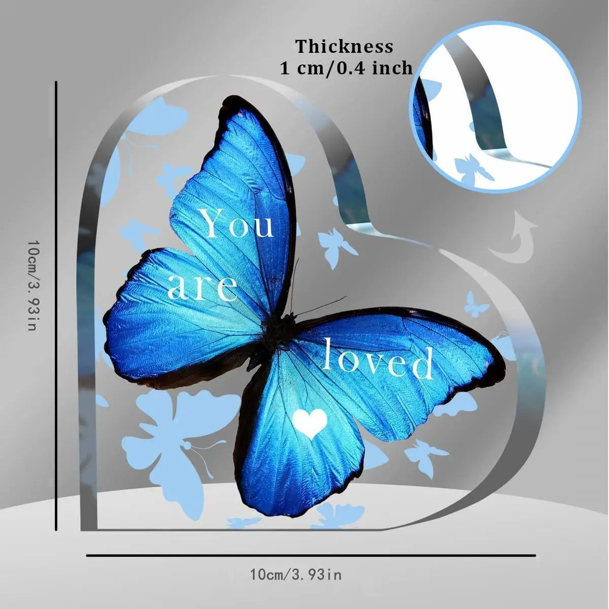 Blue butterfly heart acrylic table decor featuring a butterfly design and the text You are loved