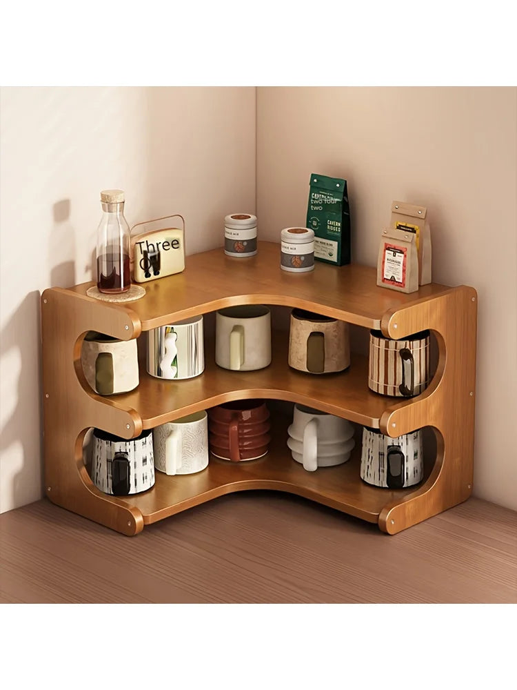 A wooden three-tier corner shelf with bamboo storage for plants and books, displaying various jars and books.