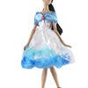 A handmade doll dress gown featuring white and blue layers with a sheer overlay and a ruffled neckline.