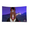 A cartoon drawing of a horse face against a night sky with city lights in the background.