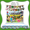 A banner featuring the text HAPPY BIRTHDAY with cartoon characters and a display of Minecraft themed birthday party decoratio