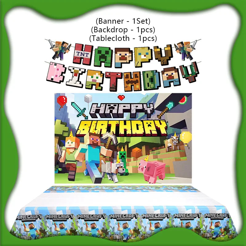 A banner featuring the text HAPPY BIRTHDAY with cartoon characters and a display of Minecraft themed birthday party decoratio