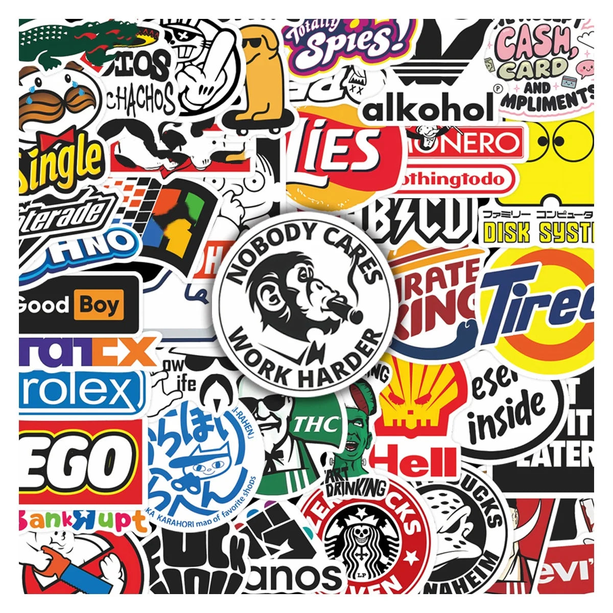 A collage of various funny memes, aesthetic graphics, and text-based stickers on a white background.