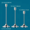 A set of three elegant metal candle holders shown with various heights and bases.