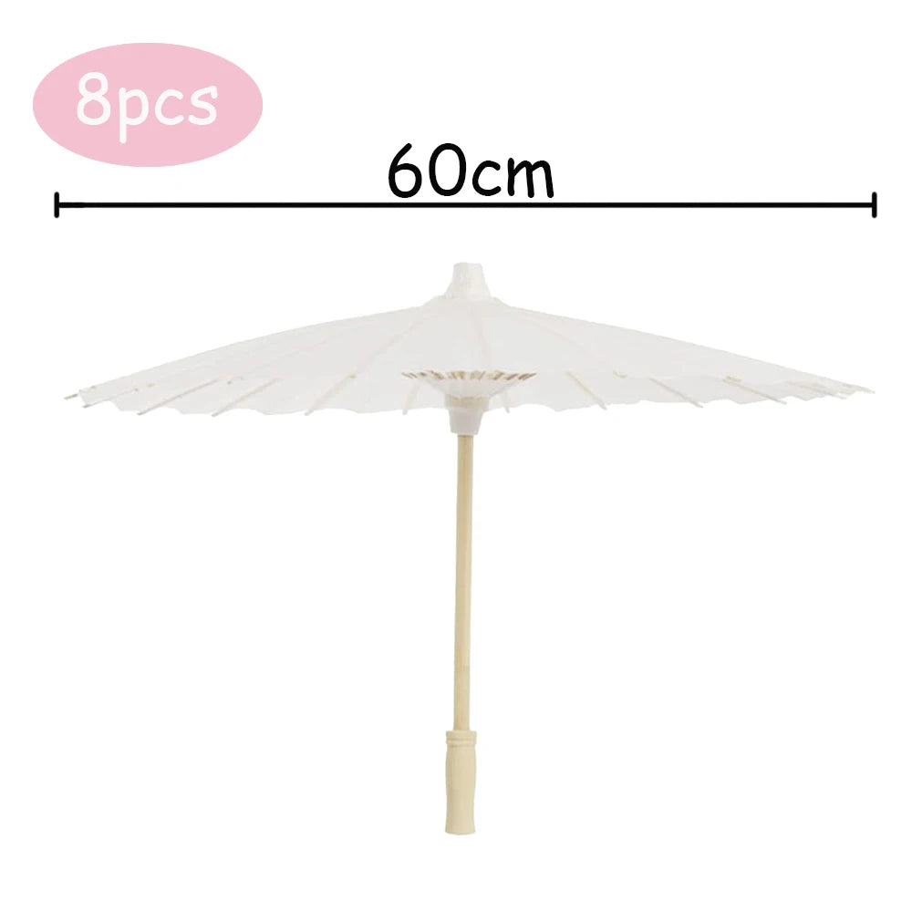 White decorative paper parasol umbrella with a 60cm span and 8 pieces.