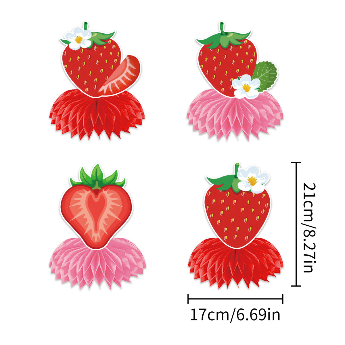 A set of strawberry theme birthday party decorations featuring fruit cutouts and honeycomb ornaments.