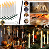 Flameless candles with magic wand remote control shown alongside various candle types and a lit candle in a festive setting.