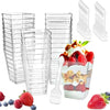 Clear reusable plastic dessert cups with spoons for serving parfaits and party treats