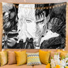 A tapestry featuring a black and white manga-style illustration of a fierce character for bedroom decor.