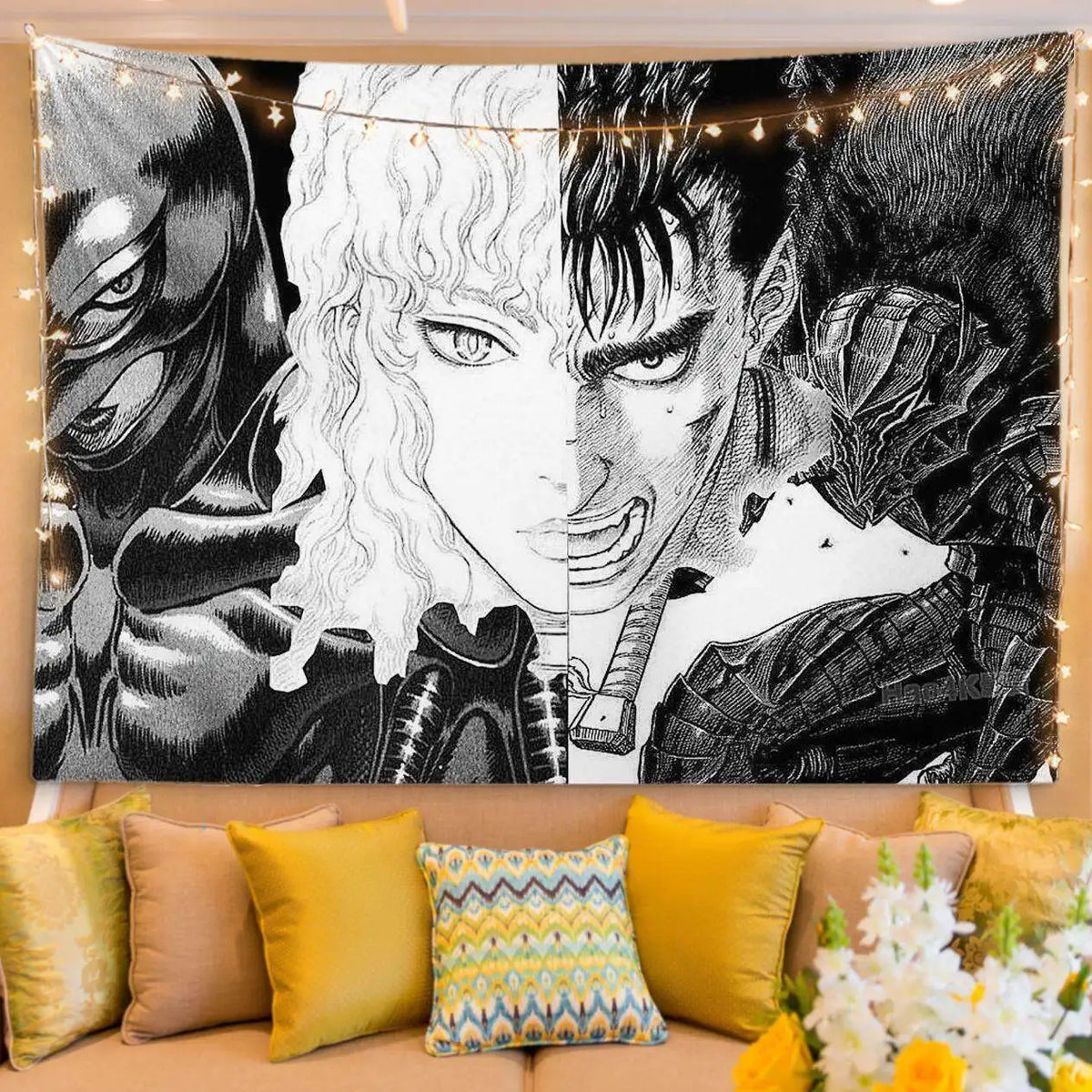 A tapestry featuring a black and white manga-style illustration of a fierce character for bedroom decor.