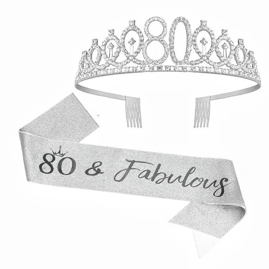 Silver rhinestone birthday crown and glitter sash set with 80 and Fabulous text