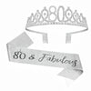 Silver rhinestone birthday crown and glitter sash set with 80 and Fabulous text