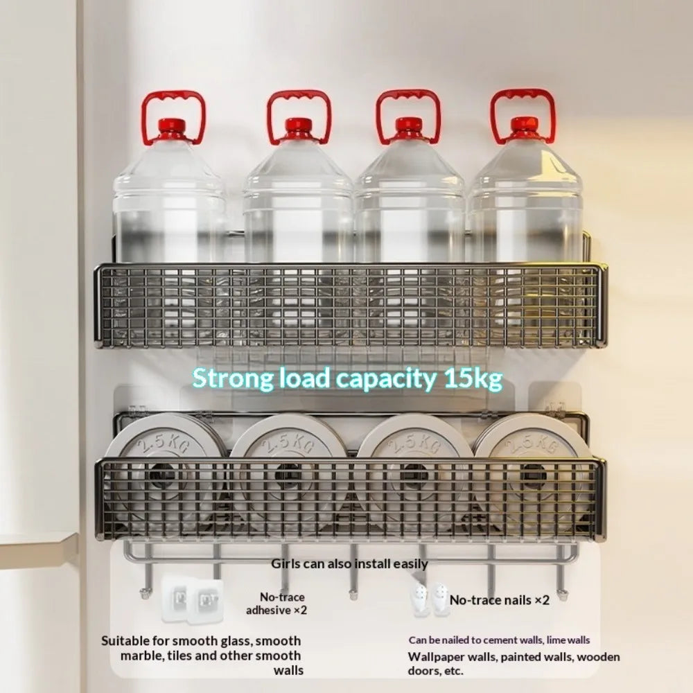 A set of strong load capacity storage baskets for wall mounting, suitable for various surfaces like glass, marble, and wood.