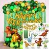 Dinosaur-themed party balloon arch kit featuring foil balloons and tinsel curtain.