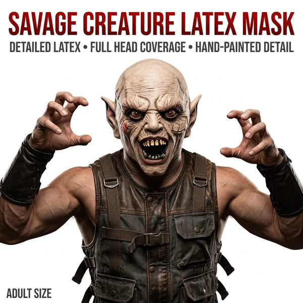 A realistic demon latex mask with sharp teeth and detailed features shown against a white background.