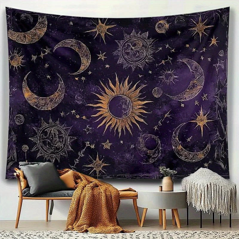 A dark purple tapestry featuring gold crescent moons, suns, and stars against a starry night background.
