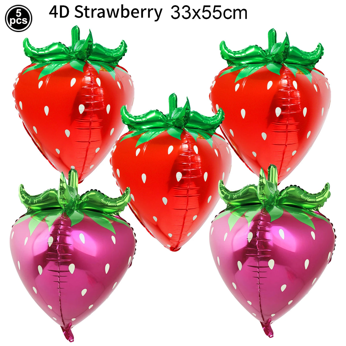 Five red and pink strawberry-shaped foil balloons for party decorations