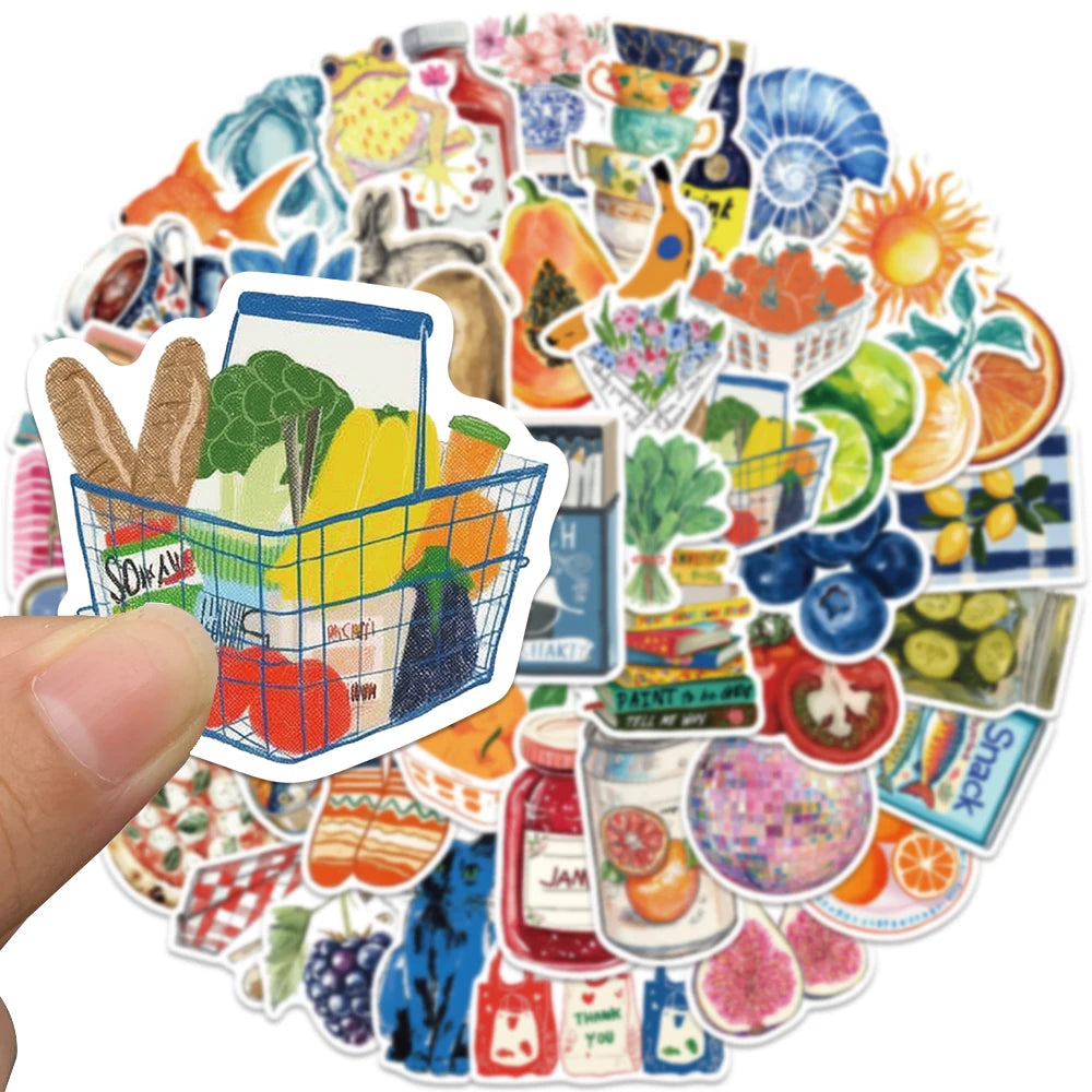 A circular arrangement of watercolor stickers featuring various fruits and vegetables.
