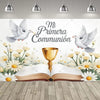 A white backdrop featuring a dove, a golden chalice, and an open book design for a First Communion celebration.