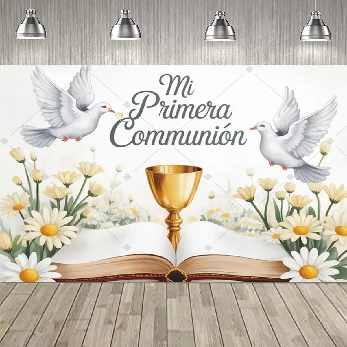 A white backdrop featuring a dove, a golden chalice, and an open book design for a First Communion celebration.
