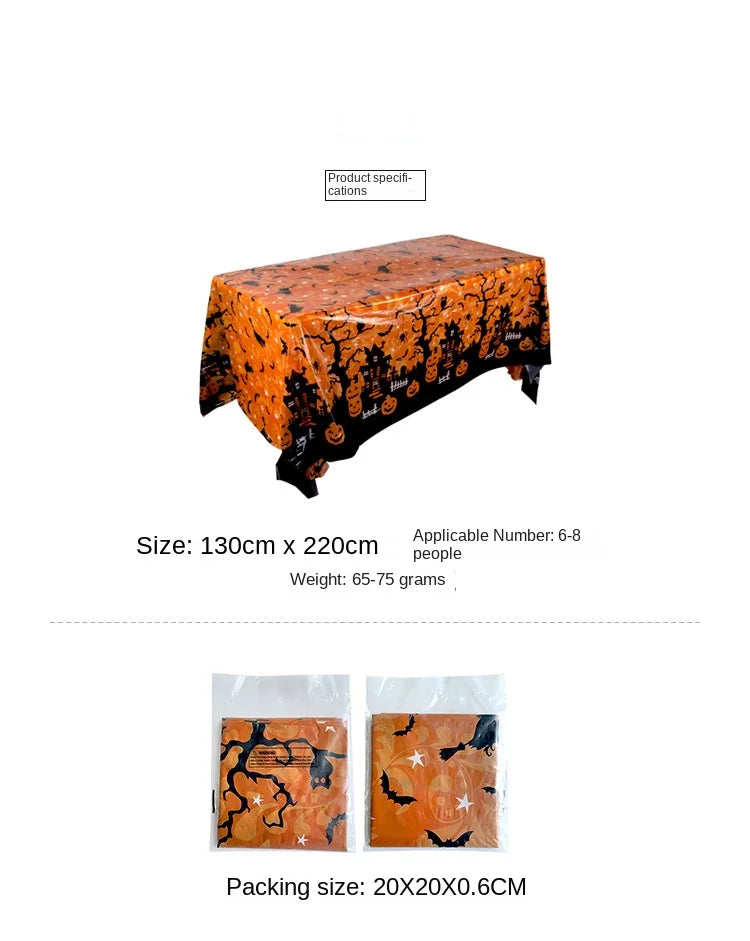 Orange Halloween tablecloth featuring a print of pumpkins, spider webs, and bats.