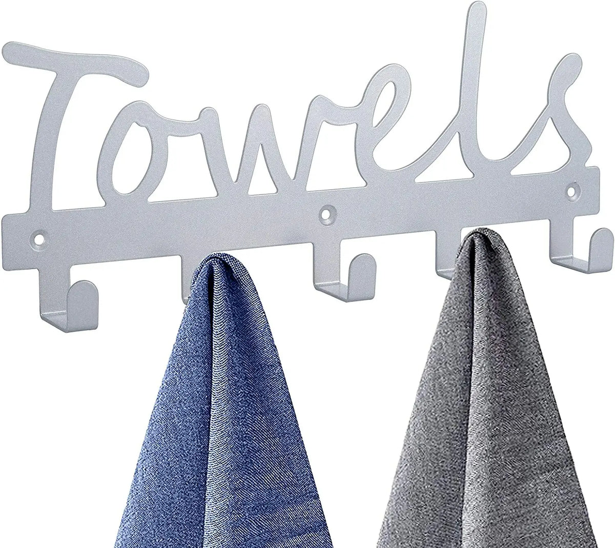 Silver metal wall-mounted towel rack with seven hooks displaying folded blue and gray towels