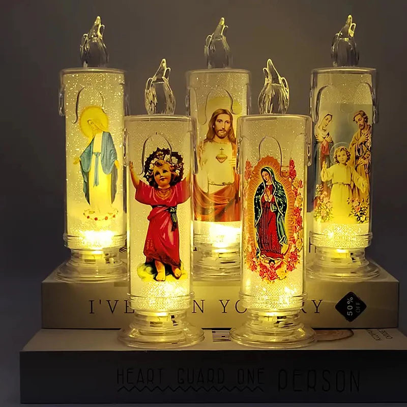 A set of five flameless LED religious prayer candles featuring figures like Jesus and Mary.