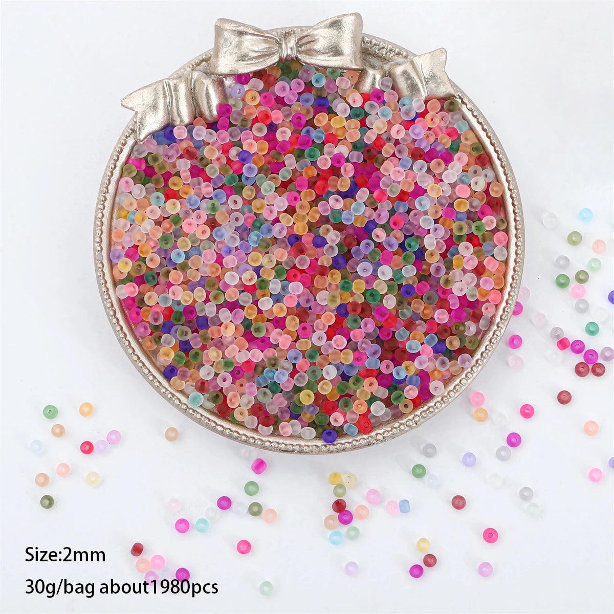 A silver-rimmed round container filled with multi-colored frosted glass rice beads for jewelry making