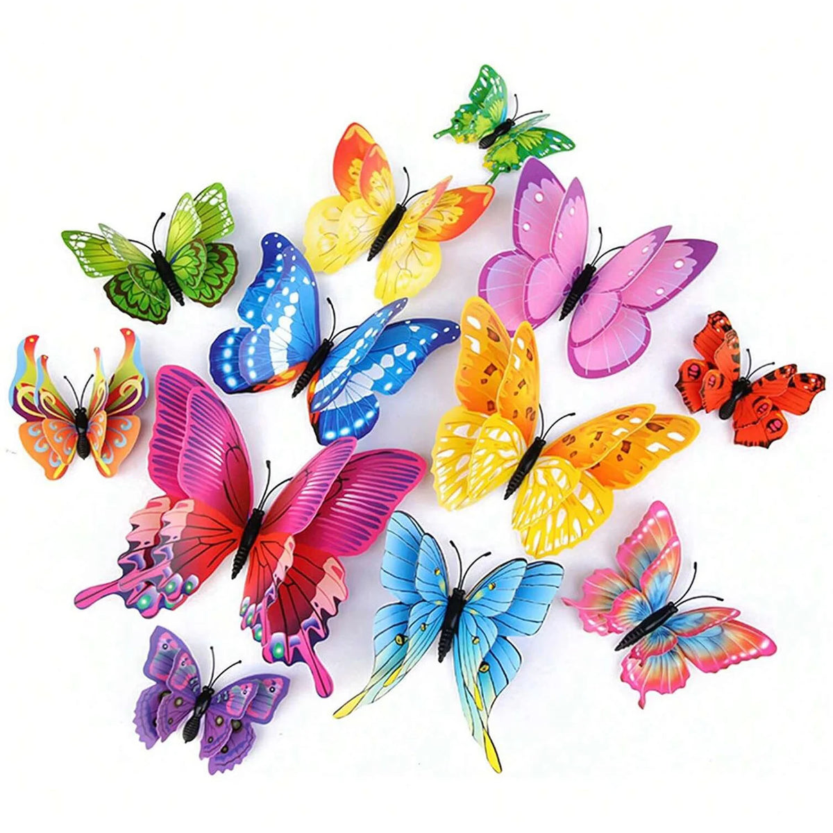 A collection of twelve colorful 3D magnetic butterfly wall decor pieces in various shades of green, yellow, pink, and blue.