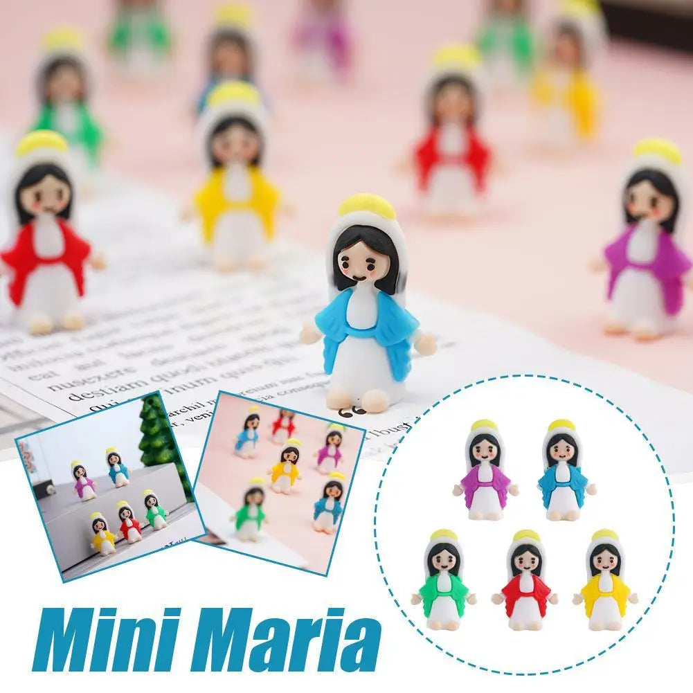 A collection of mini Maria religious desktop figurines and ornaments in various colors displayed on a white background.