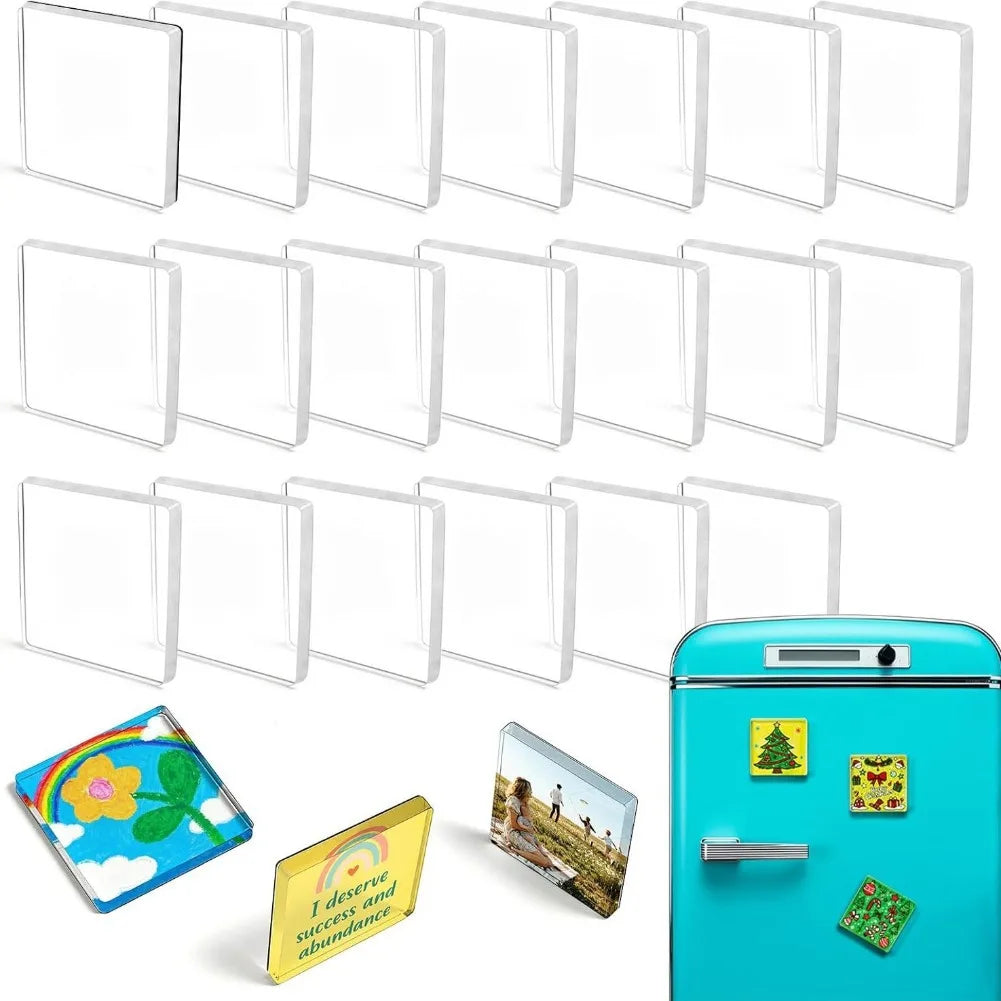 A collection of clear acrylic fridge magnets featuring various decorative designs and themes.