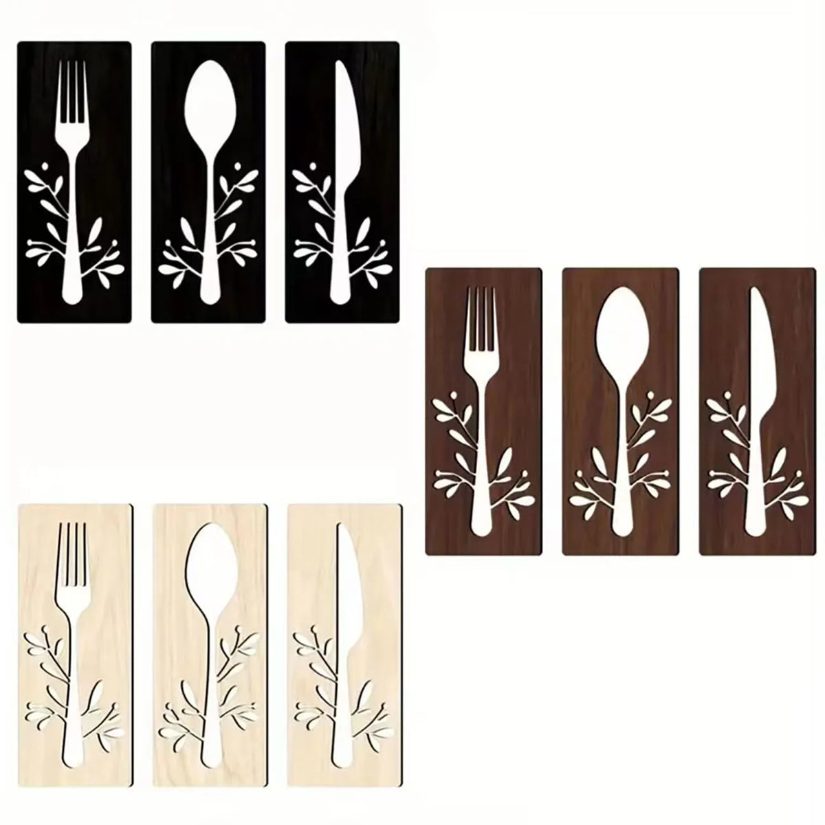 A set of three wooden utensil wall decor pieces featuring forks, spoons, and knives with leaf designs.