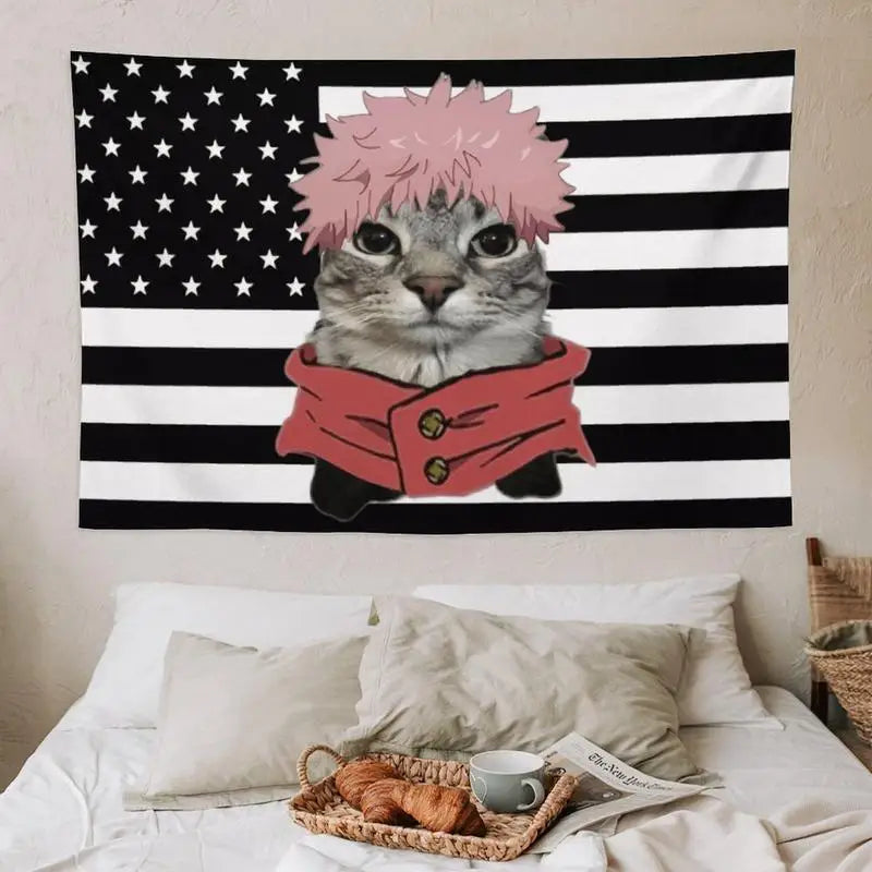 A tapestry featuring a cat-like character with pink hair wearing a red jacket against an American flag background.
