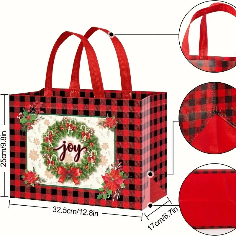 A red and black plaid gift bag with handles decorated with a festive Christmas wreath design.