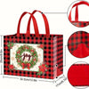 A red and black plaid gift bag with handles decorated with a green wreath and red ribbon.