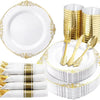 Elegant white and gold disposable dinnerware set including plates and cutlery