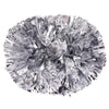 A close-up view of silver pom poms with a sparkly, shredded material and a comfortable handle.