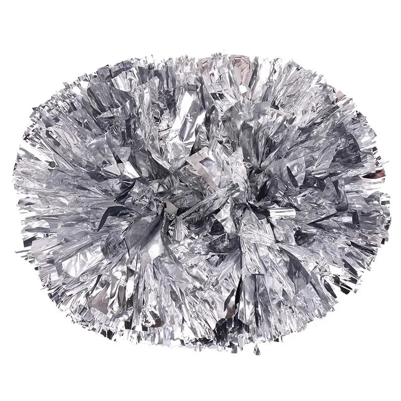 A close-up view of silver pom poms with a sparkly, shredded material and a comfortable handle.