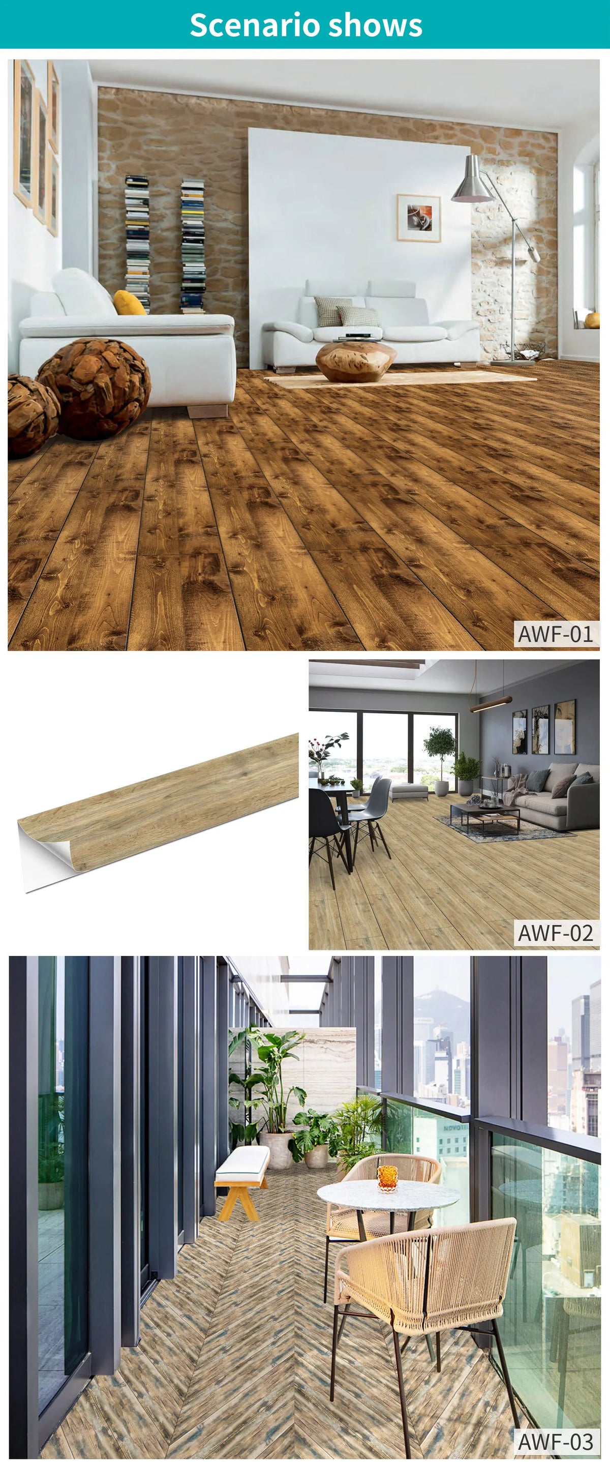 Three scenarios showing wood grain self-adhesive decals on a floor and wall.