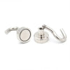 A pair of heavy duty stainless steel magnetic hooks, showing a round hook and a curved hook.