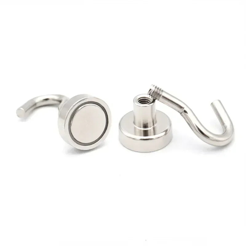 A pair of heavy duty stainless steel magnetic hooks, showing a round hook and a curved hook.