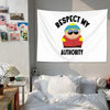 A white tapestry wall hanging featuring a cartoon character wearing sunglasses and a blue hat, with the text Respect My Autho