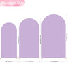 Three vertical panels of lavender spandex fitted arch backdrop showing different widths.