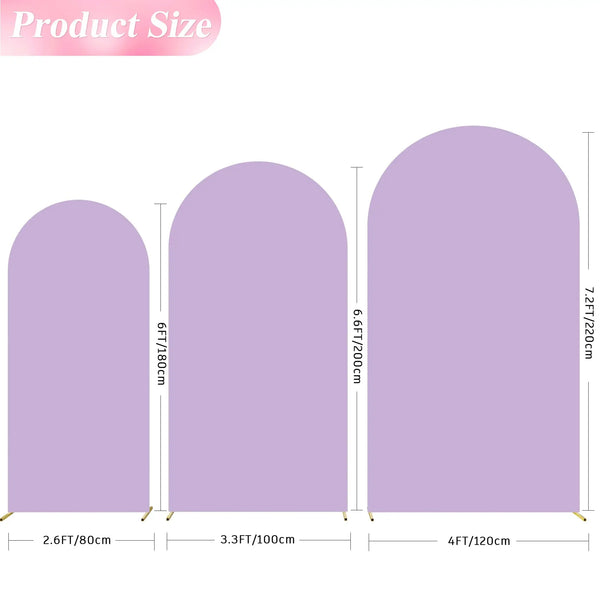 Three vertical panels of lavender spandex fitted arch backdrop showing different widths.