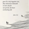 A black and white line drawing of a biblical verse on a wavy landscape, featuring silhouettes of people.
