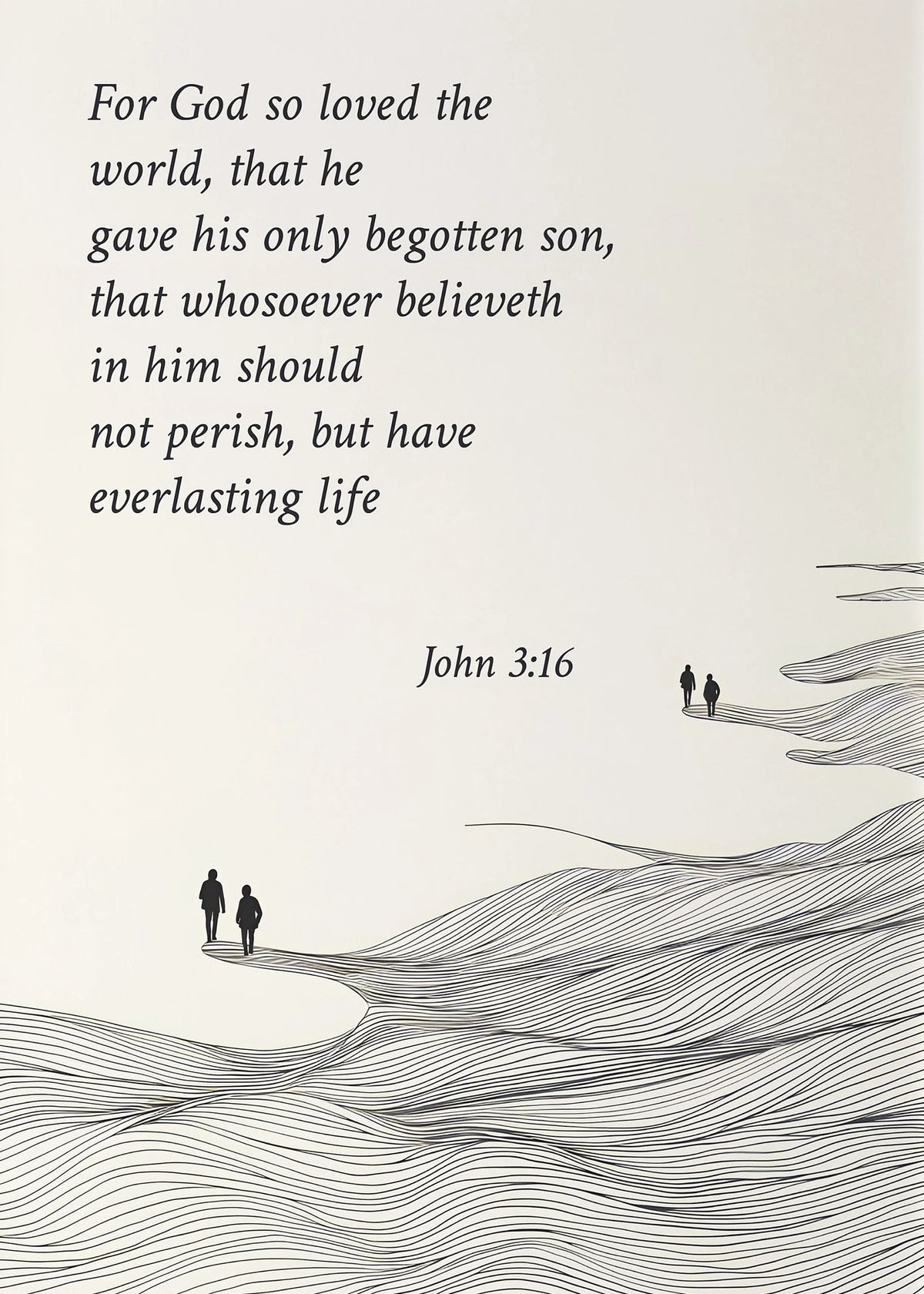A black and white line drawing of a biblical verse on a wavy landscape, featuring silhouettes of people.